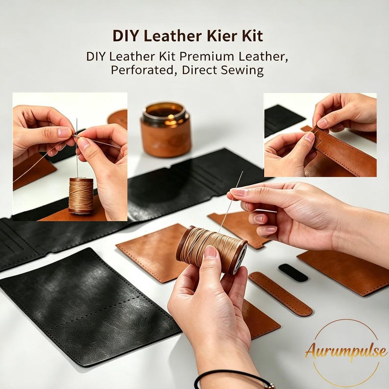 K&ouml;nnte beinhalten: Ein DIY-Leder-Set mit vorgeschnittenen schwarzen und braunen Lederteilen, einer Spule mit beigem Garn und einer Nadel. Der Text lautet: DIY Leather Kier Kit, DIY Leather Kit Premium Leather, Perforated, Direct Sewing.