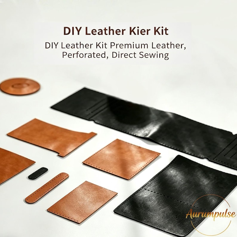 K&ouml;nnte beinhalten: Ein DIY-Leder-Set mit vorgeschnittenen hellbraunen und schwarzen Lederteilen mit perforierten Kanten zum direkten N&auml;hen. Der Text lautet: DIY Leather Kier Kit, DIY Leather Kit Premium Leather, Perforated, Direct Sewing.