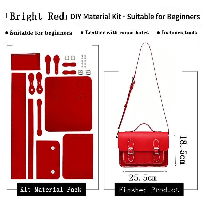 K&ouml;nnte beinhalten: Ein hellrotes DIY-Materialset f&uuml;r eine Ledertasche, bestehend aus vorgestanzten Lederteilen mit runden L&ouml;chern, Metallschnallen und Zubeh&ouml;r. Das fertige Produkt ist eine rote Ledertasche mit den Ma&szlig;en 25,5 cm mal 18,5 cm mit Schulterriemen.