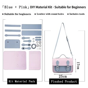K&ouml;nnte beinhalten: Ein Blue + Pink DIY-Materialset mit Lederteilen, Metallbeschl&auml;gen und Werkzeugen. Das fertige Produkt ist eine hellblaue und rosafarbene Umh&auml;ngetasche mit den Ma&szlig;en 25 cm mal 17 cm, inklusive vorgestanztem Leder mit runden L&ouml;chern.