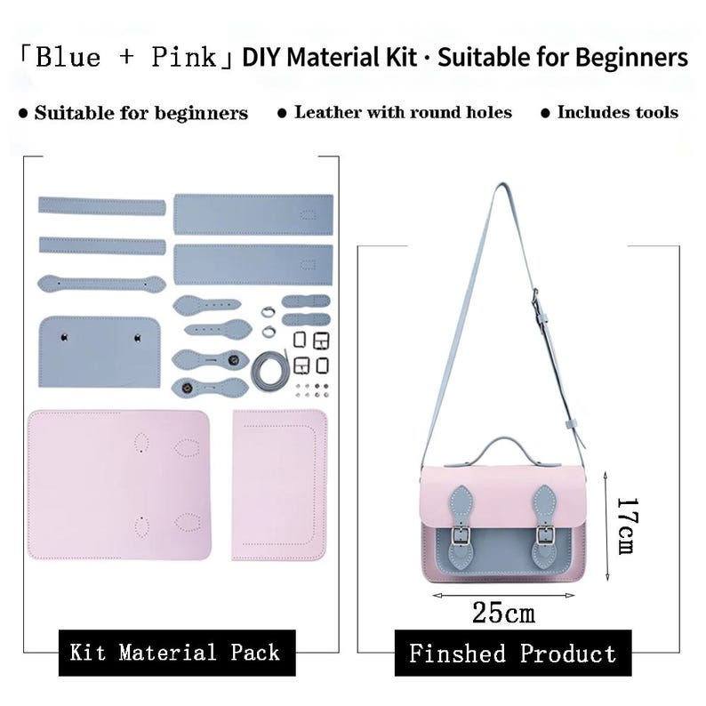K&ouml;nnte beinhalten: Ein Blue + Pink DIY-Materialset mit Lederteilen, Metallbeschl&auml;gen und Werkzeugen. Das fertige Produkt ist eine hellblaue und rosafarbene Umh&auml;ngetasche mit den Ma&szlig;en 25 cm mal 17 cm, inklusive vorgestanztem Leder mit runden L&ouml;chern.
