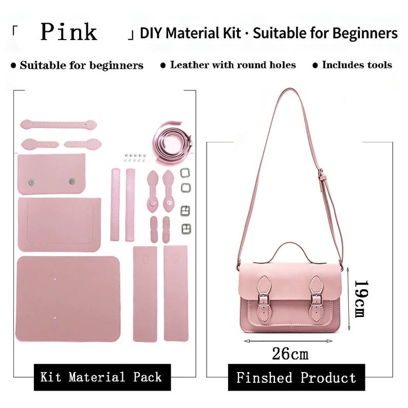 K&ouml;nnte beinhalten: Ein rosa DIY-Materialset f&uuml;r eine Umh&auml;ngetasche, bestehend aus vorgestanzten Lederteilen mit runden L&ouml;chern, Riemen, Schnallen und Beschl&auml;gen. Das fertige Produkt ist eine rosa Tasche mit den Ma&szlig;en 26 cm mal 19 cm. Der Text umfasst Pink, DIY Material Kit, Suitable for Beginners, Leather with round holes, Includes tools, Kit Material Pack und Finished Product.