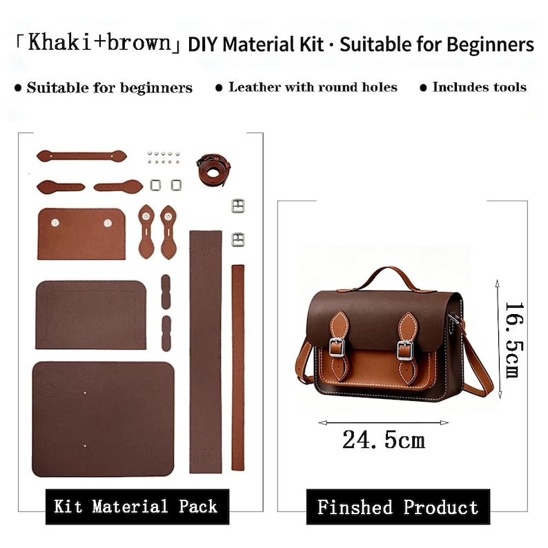 K&ouml;nnte beinhalten: Ein DIY-Materialset f&uuml;r eine khakifarbene und braune Ledertasche, bestehend aus vorgestanzten Lederteilen mit runden L&ouml;chern, Metallschnallen und Werkzeugen. Das fertige Produkt ist 24,5 cm breit und 16,5 cm hoch und hat einen Tragegriff.