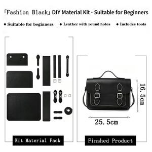 K&ouml;nnte beinhalten: Ein schwarzes DIY-Materialset f&uuml;r eine Umh&auml;ngetasche, bestehend aus vorgestanzten Lederteilen mit runden L&ouml;chern, Riemen, Schnallen und Werkzeugen. Das fertige Produkt ist eine schwarze Ledertasche mit 25,5 cm Breite und 16,5 cm H&ouml;he. Text: Fashion Black DIY Material Kit.