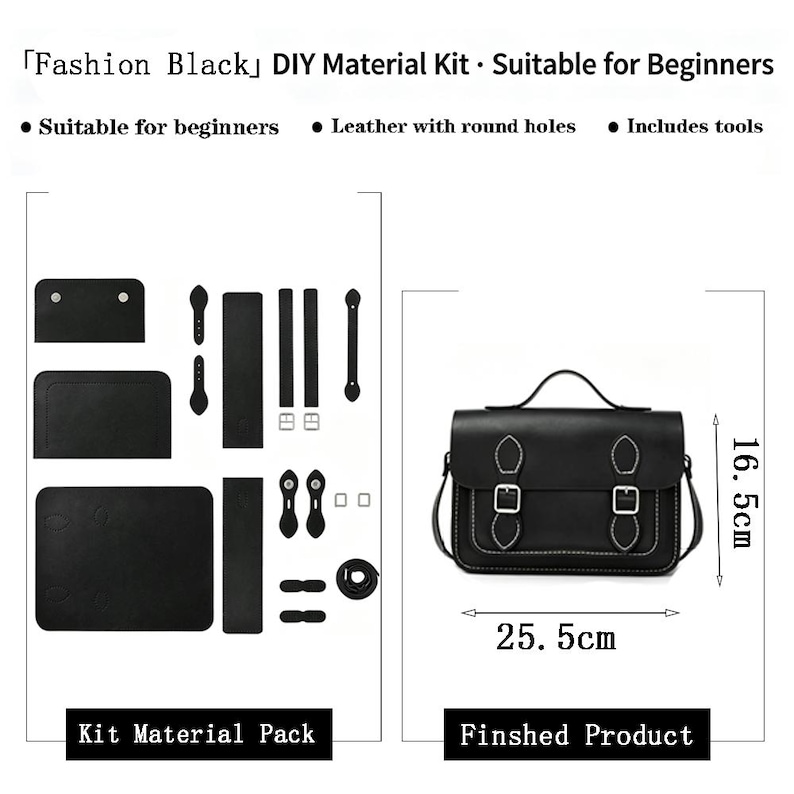 K&ouml;nnte beinhalten: Ein schwarzes DIY-Materialset f&uuml;r eine Umh&auml;ngetasche, bestehend aus vorgestanzten Lederteilen mit runden L&ouml;chern, Riemen, Schnallen und Werkzeugen. Das fertige Produkt ist eine schwarze Ledertasche mit 25,5 cm Breite und 16,5 cm H&ouml;he. Text: Fashion Black DIY Material Kit.