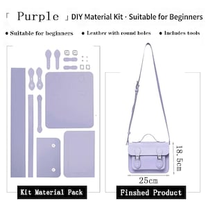 K&ouml;nnte beinhalten: Ein lila DIY-Materialset f&uuml;r eine Umh&auml;ngetasche, bestehend aus vorgestanzten Lederteilen mit runden L&ouml;chern, Metallschnallen und Zubeh&ouml;r. Das fertige Produkt ist eine 25 cm mal 18,5 cm gro&szlig;e lila Tasche mit Tragegriff und Schulterriemen.