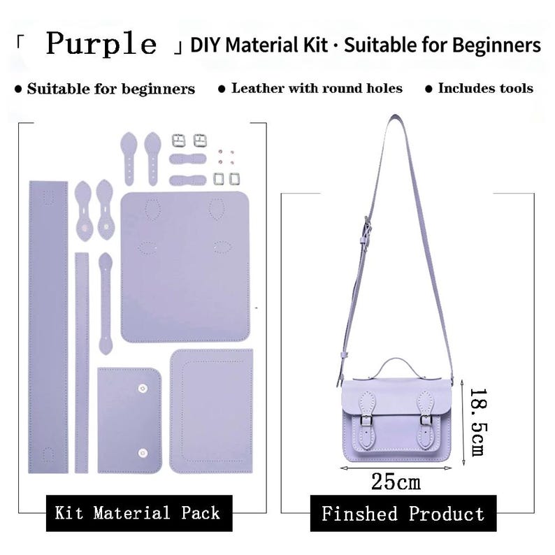 K&ouml;nnte beinhalten: Ein lila DIY-Materialset f&uuml;r eine Umh&auml;ngetasche, bestehend aus vorgestanzten Lederteilen mit runden L&ouml;chern, Metallschnallen und Zubeh&ouml;r. Das fertige Produkt ist eine 25 cm mal 18,5 cm gro&szlig;e lila Tasche mit Tragegriff und Schulterriemen.