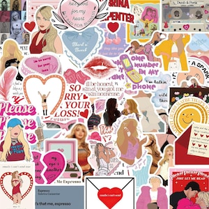 May include: A collection of colorful stickers with various designs and text. The stickers feature illustrations of people, hearts, lips, and phrases like "emails I can't send" and "Espresso Sabrina Carpenter". The overall theme is pop culture and music.