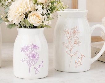 Gepersonaliseerde geboortebloem vaas van keramiek, cadeau voor haar, vaas met naam en toenaam, vaas met bloemenmotief, cadeau voor een housewarming, tafeldecoratie voor thuis
