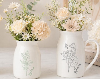 Personalisierte Geburtsblumenvase aus Keramik – Geschenkidee für sie, personalisiertes Einzugs- oder Geburtstagsgeschenk für Mama oder Oma, minimalistische florale Wohndekoration