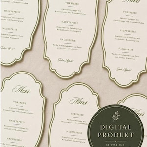 May include: Multiple off-white menu cards with ornate scalloped edges and dark green borders. The text includes Menü, Vorspeise, Hauptspeise, Nachspeise, and Guten Appetit. A dark green circular badge reads DIGITAL PRODUKT ES WIRD KEIN PHYSISCHES PRODUKT VERSENDET.
