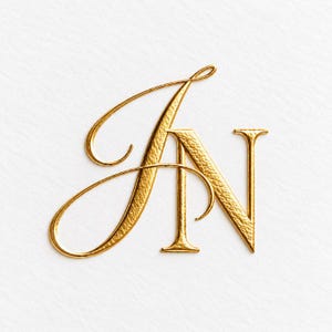 Könnte beinhalten: Ein metallisch goldenes Monogramm mit den ineinander verschlungenen Buchstaben A und N. Die Buchstaben weisen eine texturierte, geprägte Oberfläche mit eleganten, fließenden kalligrafischen Strichen und scharfen Serifen auf.