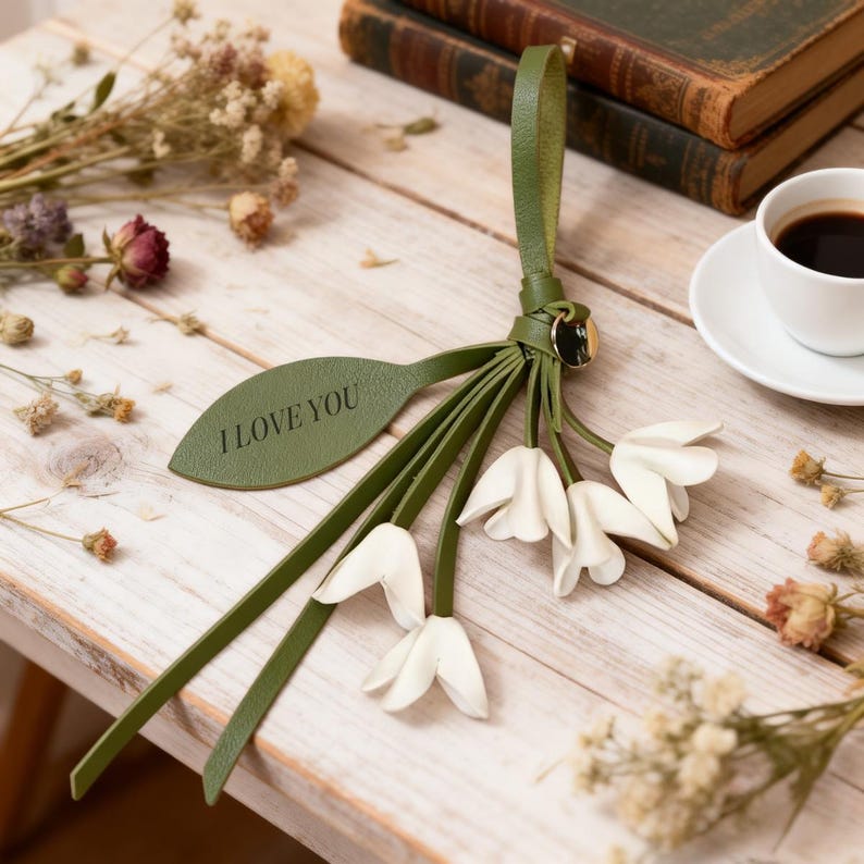 May include: A decorative hanging ornament featuring a green leather-like strap and a leaf-shaped tag embossed with the text I LOVE YOU. Attached are several green stems ending in white, bell-shaped flower blossoms made of a smooth, matte material.