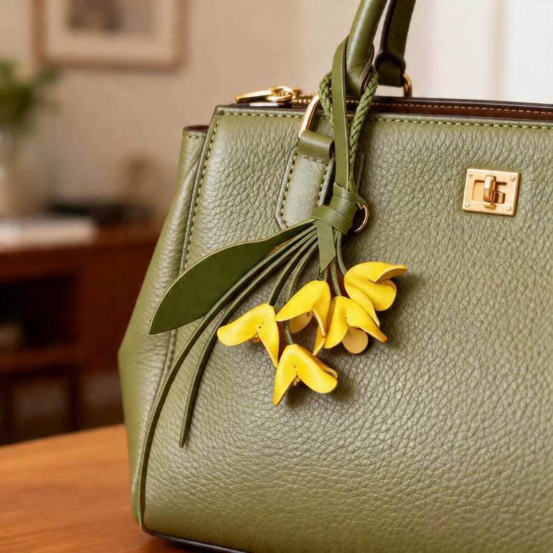Leather Flower Bag Charm, Osmanthus Design Handbag Keychain, Unique Gift for Mother Thoughtful Gift for Friends & Bridesmaids Yellow