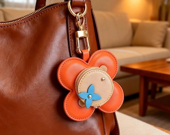 Handmade Leather Flower Coin Purse Bag Charm,Mini Zip Pouch Keychain,Luxury Leather Bag Pendant,Birthday Gift for Women, Unique Gift for Her