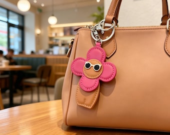 Cute Sunglasses Face Flower Leather Keychain | Hand Stitched Floral Bag Charm, Kawaii Unique Purse Accessory Gift for Women