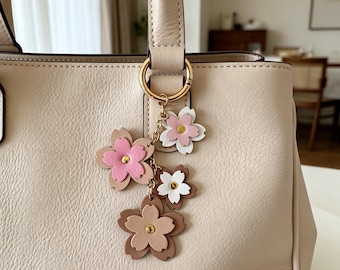 Handmade Leather Cherry Blossom Keychain,Cute Floral Bag Charm,Pink Brown Flower Purse Accessory,Gift for Her,Aesthetic Spring Bag Pendant