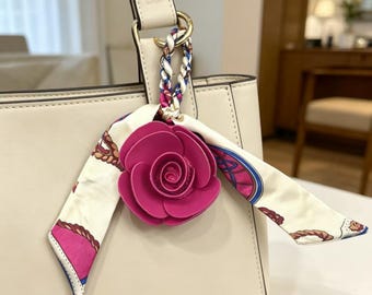 Leather Rose Bag Charm with Twilly Scarf, Designer-Style Purse Accessory, Luxury Floral Handbag Decoration, Chic Bag Charm for Her