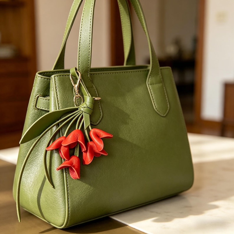 May include: A structured olive green handbag with two top handles and a gold-toned metal clasp. A decorative charm featuring several small, bright red flower-shaped pendants hangs from one of the handles, adding a distinct accent to the bag.