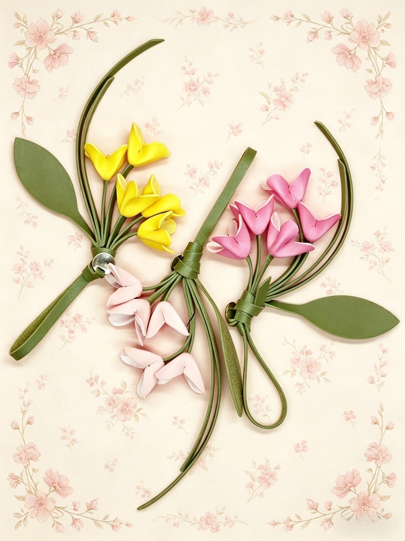 May include: Two decorative floral ornaments crafted from green leather-like material. One features bright yellow and pale pink petals, while the other displays vibrant pink petals. Both include long green stems, leaves, and a circular metal fastener.