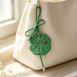 Könnte beinhalten: Eine cremefarbene Handtasche mit einem grünen vierblättrigen Kleeblatt-Anhänger am Griff. Der Anhänger besteht aus grünem Material, ist wie ein Kleeblatt geformt und enthält einen kleinen roten Marienkäfer-Akzent sowie eine grüne, schleifenförmige Kordel.