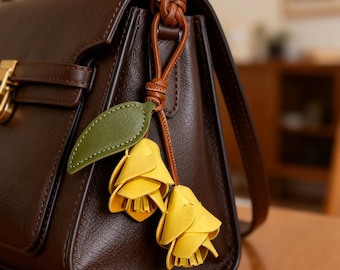 Genuine Leather Magnolia Flower Bag Charm, Handmade Floral Keychain, Cute Gift for Her, Ins Style Purse Decor, Perfect Present Idea