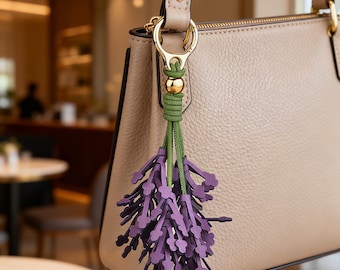 Lavender Leather Tassel Bag Charm, Purple Floral Keychain, Aesthetic Handbag Accessory, Gift for Women