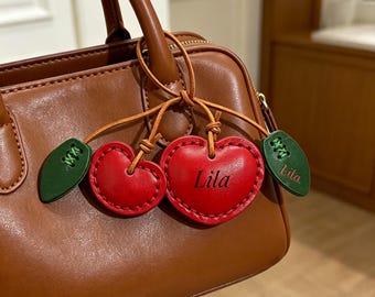 Personalized Leather Cherry Bag Charm,Engraved Name Custom Keychain,Handmade Purse Accessory,Cute Fruit Charm, Best Friend & Birthday Gift