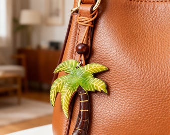 Genuine Leather Palm Tree Bag Charm, Handmade Tropical Coconut Tree Purse Charm, Beach Lover Gift, Summer Bag Accessory, Bridesmaid Gift