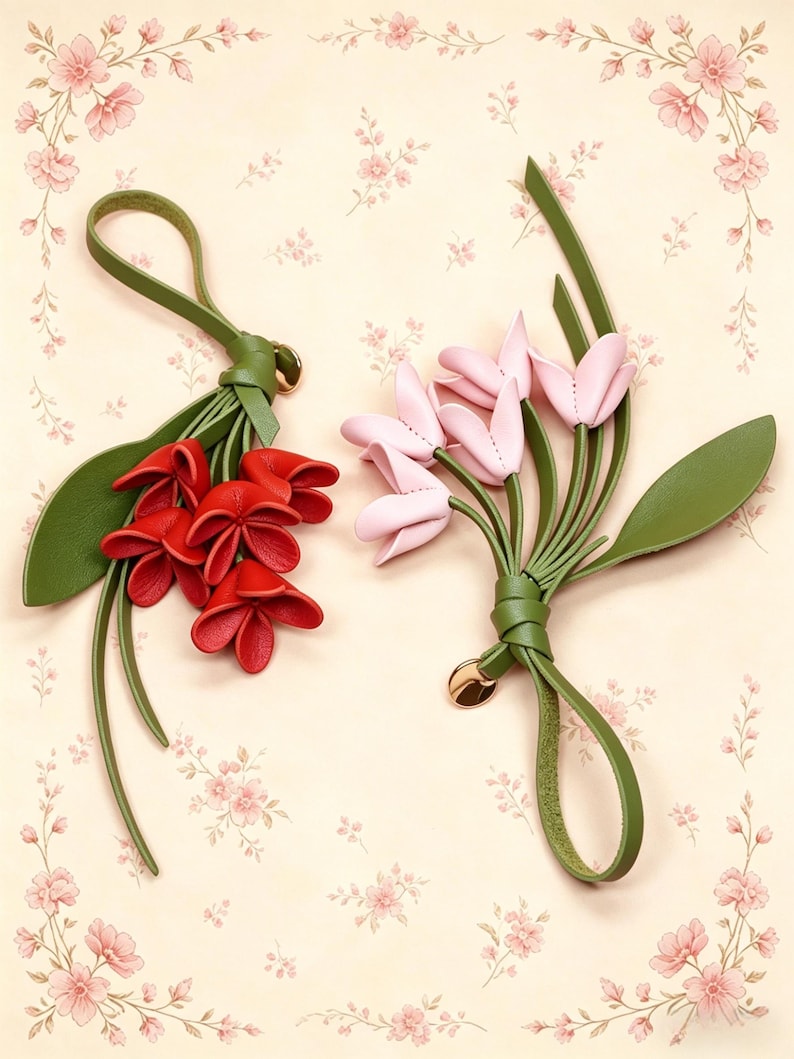 May include: Two decorative leather flower charms featuring green stems and leaves. One charm displays a cluster of vibrant red petals, while the other showcases a bouquet of soft pink petals. Each piece includes a loop for attachment and a small gold-tone metal charm.