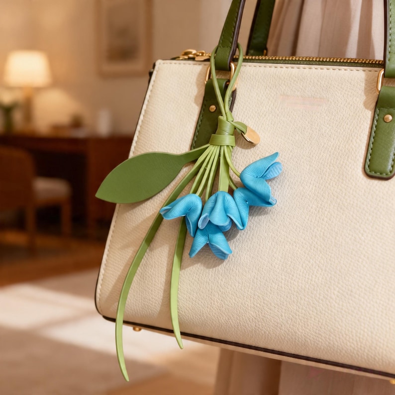 May include: A cream-colored handbag with olive green trim and handles, featuring a decorative hanging charm composed of a single green leaf and three small, bright blue fabric flowers attached to a green strap tied to the bag's handle.