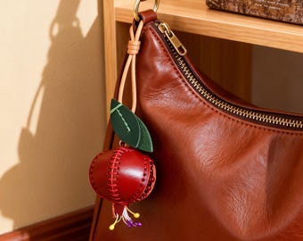 Handmade Leather Pomegranate Charm,Genuine Leather Bag Charm,Red Purple Pomegranate Keychain,Bridesmaid Gift,Good Luck Pomegranate Ornament