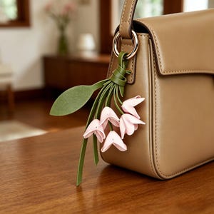 May include: A tan shoulder bag with a smooth finish featuring a decorative charm attached to a gold-toned ring. The charm consists of several light pink flower-shaped elements and a single large green leaf, all connected by green stems.