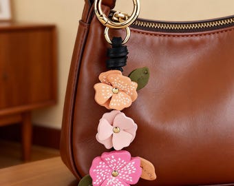 Handmade Leather Flower Bag Charm, Floral Keychain with Gold Ring, Cute Tote Accessory, Great Gift for Bridesmaids Perfect Gift for Her