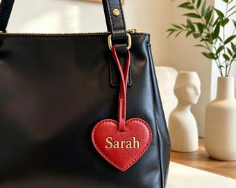Personalized Heart Bag Charm,Gold Embossed Leather Heart Pendant,Custom Name Tag,Dainty Love Pendant,Perfect Bridesmaid & Mother's Day Gift