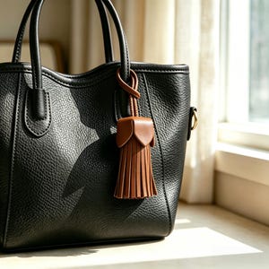 Peut inclure: Un sac à main en cuir noir grainé doté de deux anses supérieures et d'une breloque à pompon en cuir marron attachée à une anse. Le pompon présente un capuchon structuré avec des plis en forme de pétales et de longues franges droites.