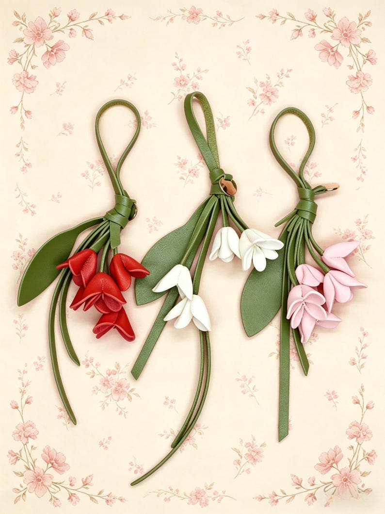 May include: Three decorative hanging ornaments shaped like flower bouquets, each featuring a green leather loop and stem with petals in red, white, and light pink. The ornaments are arranged vertically, showcasing detailed floral shapes and long green leaves.