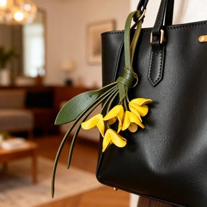 May include: A black leather tote bag featuring a decorative hanging charm shaped like a bouquet of yellow flowers with green leaves. The charm is attached to the bag's handle with a green leather strap, adding a floral accent to the accessory.