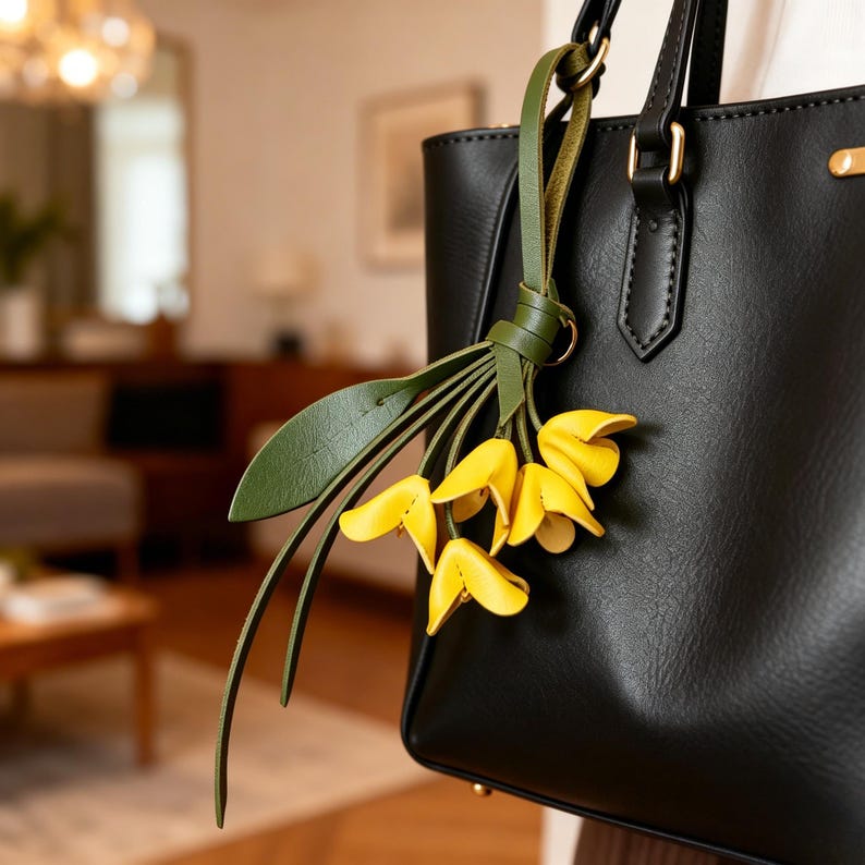 May include: A black leather tote bag featuring a decorative hanging charm shaped like a bouquet of yellow flowers with green leaves. The charm is attached to the bag's handle with a green leather strap, adding a floral accent to the accessory.