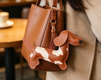 Trendy Cow Pattern Dachshund Bag Charm | 3 Colors, Cute Leather Sausage Dog Keychain,Minimalist Purse Charm, Unique Gift for Dog Lovers