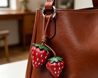 Genuine Leather Strawberry Bag Charm, Hand Stitched Fruit Keychain, Cute Handmade Purse Pendant, Vintage Backpack Accessory Gift for Her