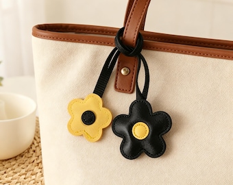 Handmade Two-Tone Leather Flower Bag Charm, Minimalist Floral Purse Tag, Cute Key Ring Accessory, Aesthetic Gift For Women