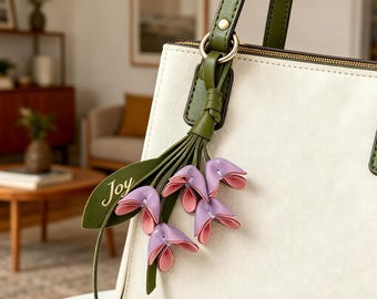 Leather Flower Bag Charm, Osmanthus Design Handbag Keychain, Unique Gift for Mother Thoughtful Gift for Friends & Bridesmaids