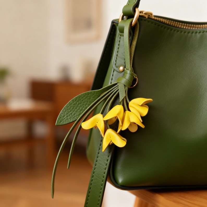 May include: A dark olive green leather handbag featuring a smooth finish and a gold-toned zipper closure. Attached to the strap is a decorative charm consisting of green leather leaves and several small, bright yellow leather flower blossoms.