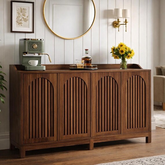 Walnut Farmhouse Buffet Cabinet with Storage, Sideboard with Doors & Shelves for Dining or Kitchen