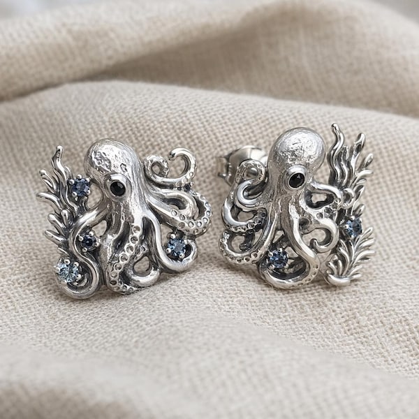 Octopus Stud Earrings Silver Blue Crystal Ocean Animal Post Earrings