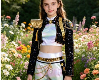 KPOP Demon-Hunting Girl Group Stage Costume Set Black Gold Cosplay Outfit Kids Performance Wear Party Dress