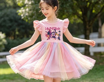 KPOP Demon-Hunting Meisjesgroep Jurk Meisjes Tule Jurk Zomer Kinderen Prinses Jurk Korte Mouw Party Outfit