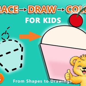 Peut inclure: Sur fond turquoise, le texte "TRACE -> DRAW -> COLOR FOR KIDS". Un tutoriel de dessin montre un cupcake avec une cerise. Un ours de dessin animé fait un pouce levé. Le texte "Ages 3-6" est également présent.