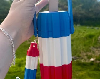 Patriotic Popsicle Can Cooler (12oz tall) with Hidden Chapstick Holder & Bottle Opener | 3D Printed Summer Drink Koozie